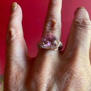 Large pink cubic zirconia heart ring 18kt Rose Gold plated sterling Silver